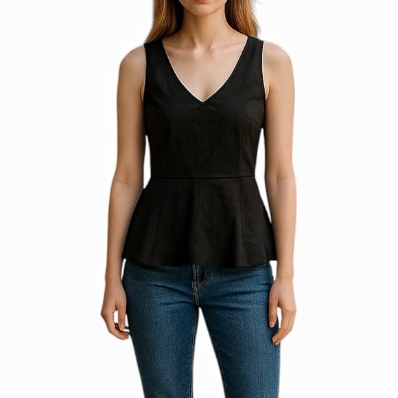 J Crew Factory Peplum Top Sz 4 Linen Blend Sleeveless Black Coastal Resortwear - Picture 1 of 9